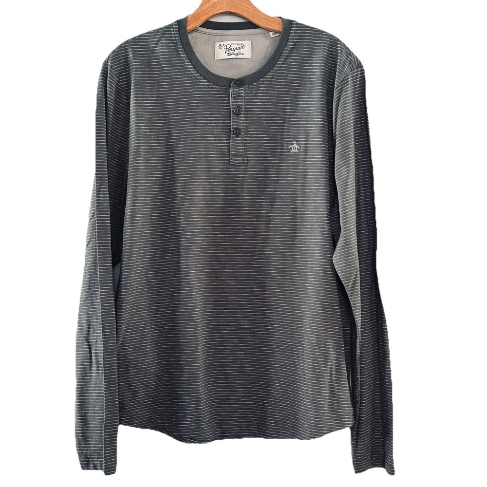 Original Penguin by Munsingwear Henley T-Shirt Mens Sz L Gray Stripe Long Sleeve